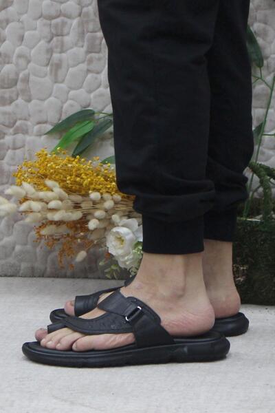 Mehmet Mete 42806 Black Flexible and Comfortable Genuine Leather Men's Slippers - Original