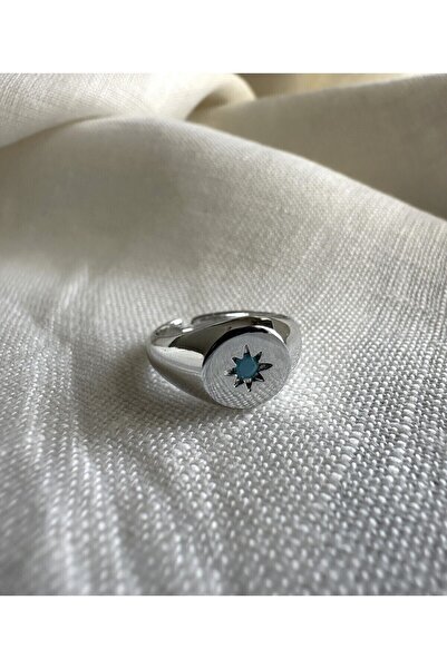 ringbox Gümüş Renkli Turkuaz Taşlı Yuvarlak Kutup Yıldızı Serçe Parmak Yüzüğü
