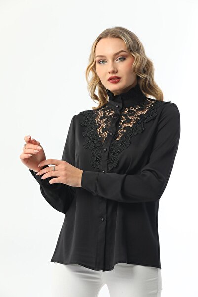 Loom Boutique Kadın Büyük Beden Floş Dantelli Abiye Kumaşından Gömlek G0026