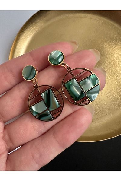 ringbox Geometric Green Stone Detailed Steel Non-Tarnish Earrings