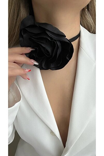 CAXBERN Black Lace-Up Fabric Flower Rose Choker Necklace