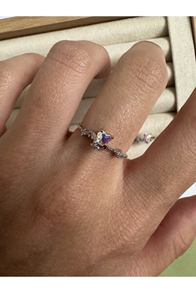 ringbox Gümüş Renk Yanardöner Kalpli Zirkon Taşlı Çıtır Yüzük
