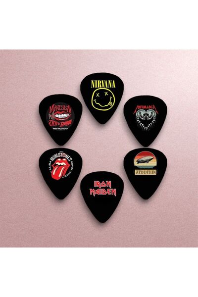 cantekin Gitar Pena 6 Adet Nirvana Metallica IronMaiden RollingStones Måneskin Zeppelin Çift Taraflı Baskılı