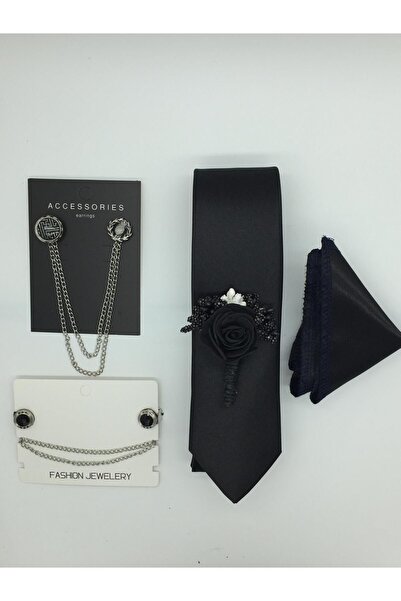 HARES Σετ γραβάτα γαμπρού (γραβάτα-μαντήλι, αλυσίδα γιακά σακάκι, λουλούδι γιακά σακάκι, κλιπ αλυσίδας γιακά πουκαμίσου)