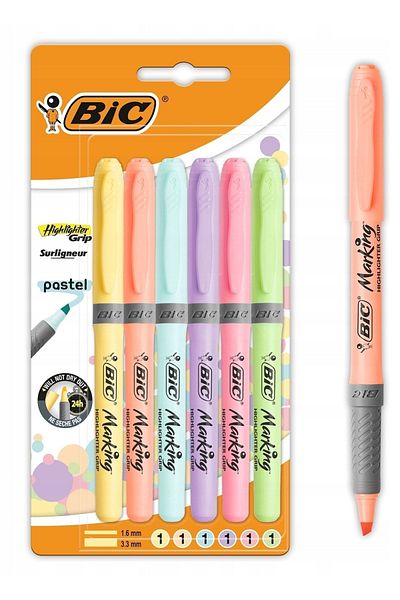 Bic Pastel 6-Piece Highlighter Marking Highlighter Grip Pastel Blister