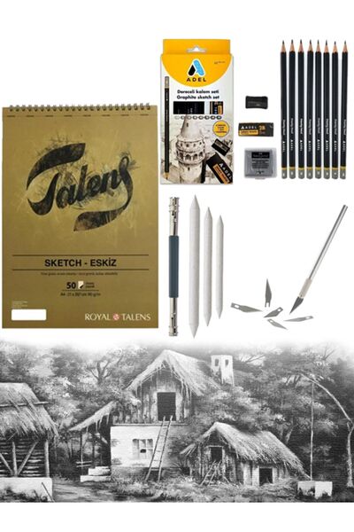 ÜSKÜDAR SANAT Karakalem Çizim seti Talens Eskiz Defteri Karakalem Başlangıç s...
