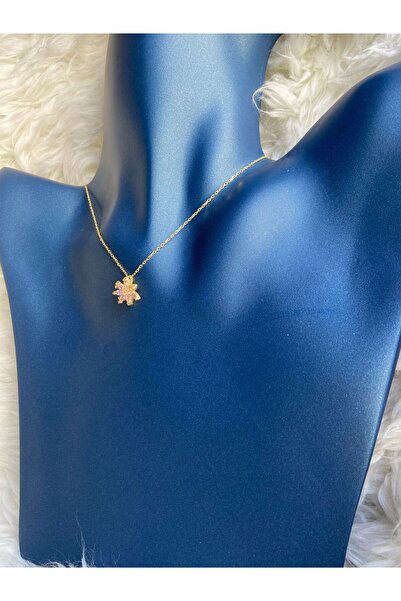 GÜMÜŞ Gümüş 14 ayar altın kaplama lotus çiçeği pembe kuvars taşlı kolye