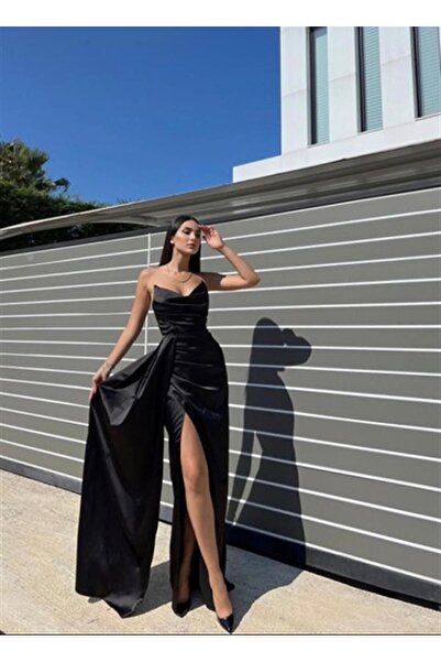 gizzmoda KADIN PAMUK SATEN ALLER YIRTMAÇ DETAYLI DEGAJE YAKA UZUN ABİYE ELBİSE