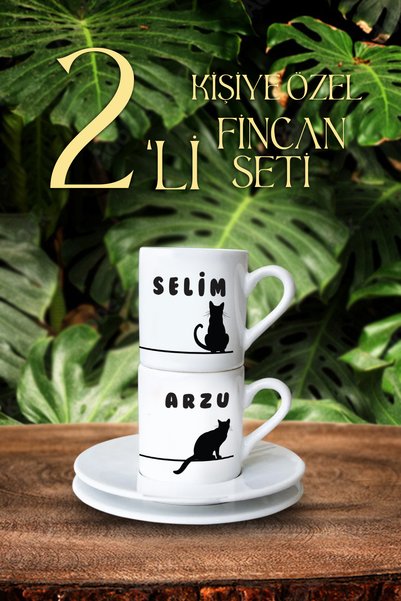 enozeli Kedili Çift İsimli İkili Fincan Seti