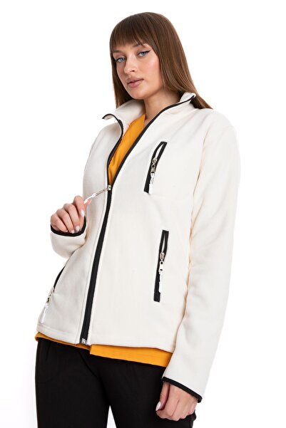 VİZYON UNIFORM Kadın Hafif Tam Fermuarlı Yumuşak Özel Tasarım Ekru Polar Ceket