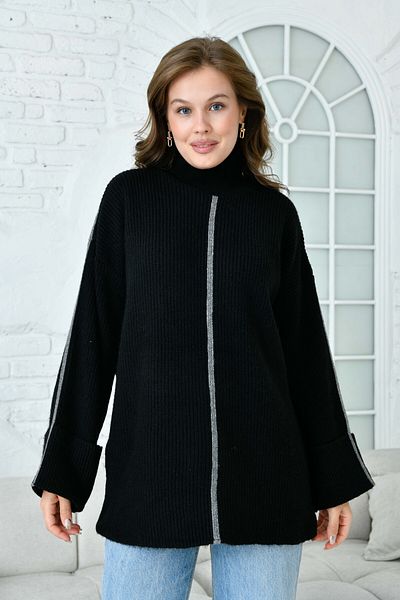 WOMAN VISION Pulover negru din tricotaje - Gât țesut, mânecă lungă, croială supradimensionată 4119