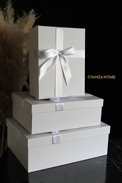 CHANZA HOME Beyaz 3'lü Takım Dikdörgen Kutu Kurdeleli Beyaz Sert Hediye Kutus...