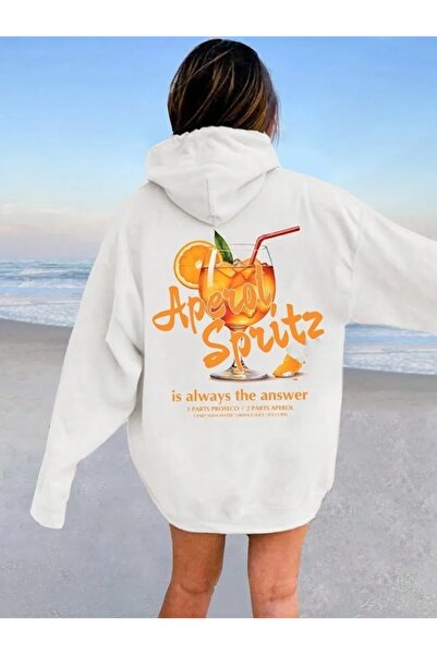 over head oh Hanorac oversize cu imprimeu Aperol Spritz alb - Hanorac pentru femei cu 3 fire