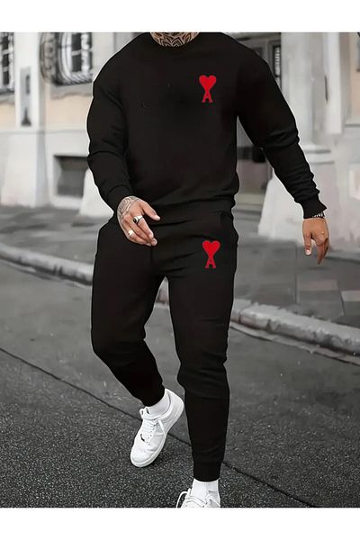 YOHO SPORT Σετ βαμβακερής φόρμας Heart Printed - Σετ χειμωνιάτικο φούτερ και παντελόνι Unisex