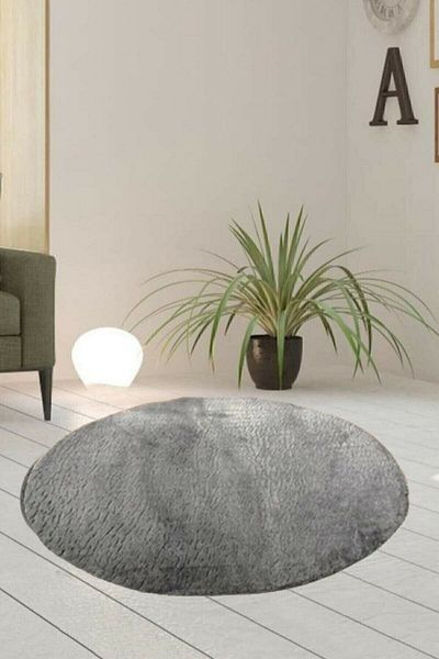 Sarar Single Round Post Plush Bath Mat Rust Gel Anti-Slip Base Gray 100x100