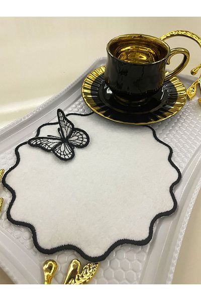 AYNAKIŞÇEYİZ Pachet de 6 șervețele de prezentare laterale de cafea din pâslă cu broderie cu model fluture 3D