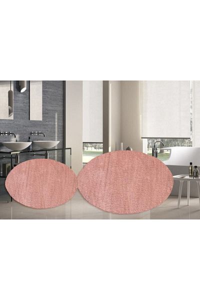 Sarar Senora 2 Piece Round Post Plush Bath Mat Set Large Non-Slip Toilet Seat Powder 100x100 60x60