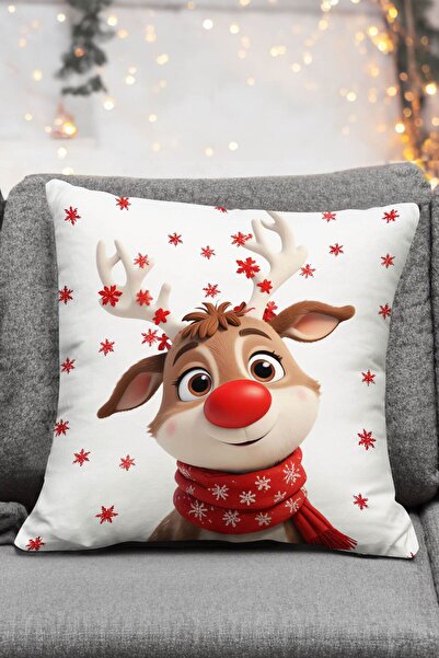 Royalte Set de perne de lux din catifea de 4 piese cu tematică de Anul Nou - roșu și alb cu model de cerb cu fulgi de nea