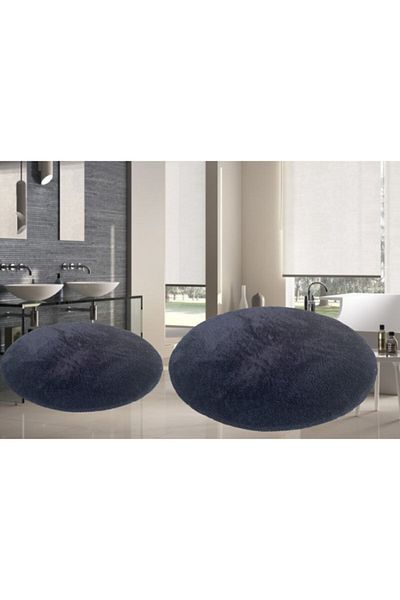 Sarar Set of 2 Round Post Plush Bath Mat Set Large Size Non-Slip Toilet Bowl Black 100x100 60x60