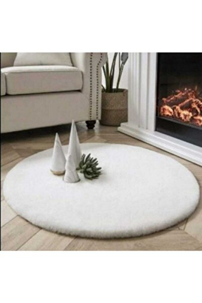 Sarar Yuvarlak Düz Renk Peluş Pofuduk Kaydırmaz Jel Taban Beyaz Renk Yeni Trend Peluş Yolluk