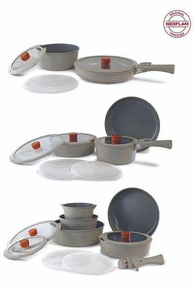 NEOFLAM Midas Gray 26 Piece Interlocking Induction Pot and Pan Set with Detachable Handle