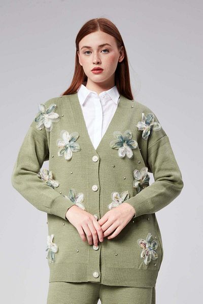 Hatun Atila Hatunatila Tulle Flower and Pearl Detailed Cardigan Double Set - 3046