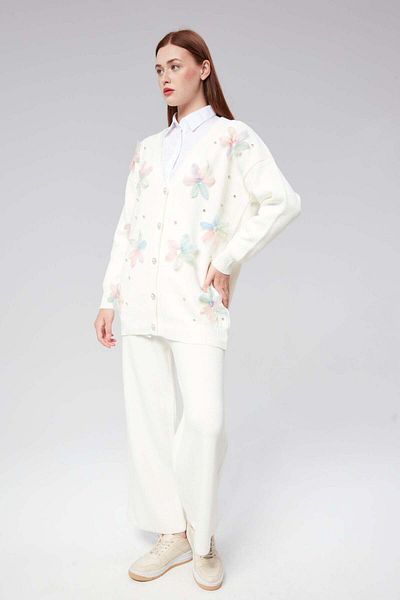 Hatun Atila Hatunatila Tulle Flower and Pearl Detailed Cardigan Double Set - 3046