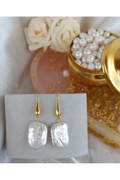 İnci Mode 24k Altın Kaplama Gerçek Barok Kare Inci Tasarım Küpe