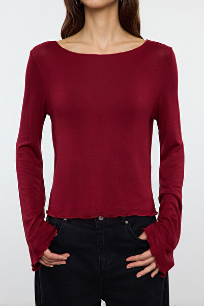 Trendyol Collection Bluzka dzianinowa Claret Red Regular Fit Crop z dekoltem łódkowym TWOAW24BZ00156