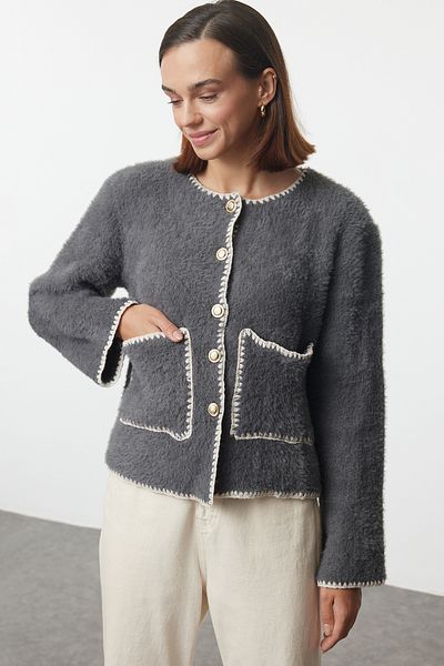 Trendyol Collection Soft Textured Anthracite Knitwear Cardigan - Jacket Look, Furry Twoaw25Hi00009