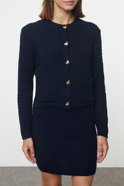 Trendyol Collection Szívmintás sötétkék kötöttáru szett - alsó és felső TWOAW25AU00045