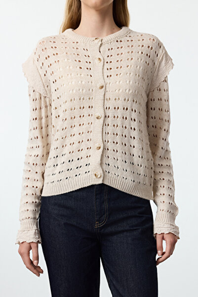 Trendyol Collection Openwork Ecru Knitwear Cardigan - Lace Detailed, Perforated TWOAW25HI00293