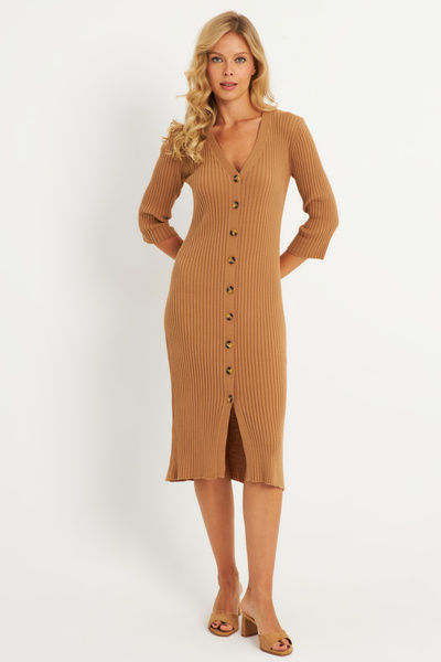 Cool & Sexy Kadın Camel Triko Midi Gömlek Elbise YV274