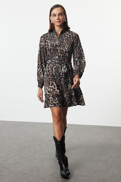 Trendyol Collection Μίνι φόρεμα με Leopard Print and Belted Brown Shirt - Twoaw25el00163