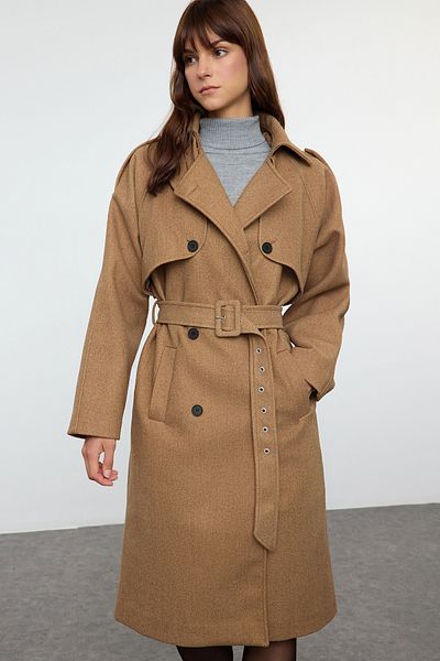 Trendyol Collection Dlouhý norkový trenčkot - s detailem větrovky a páskem Twoaw25Kb00095