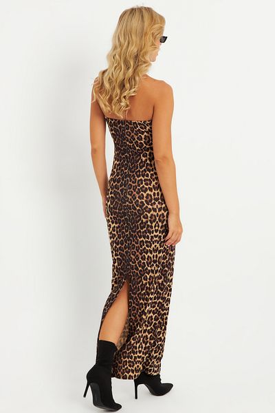 Cool & Sexy Dámské velbloudí černé šaty s leopardím vzorem Midi bez ramínek Xc001