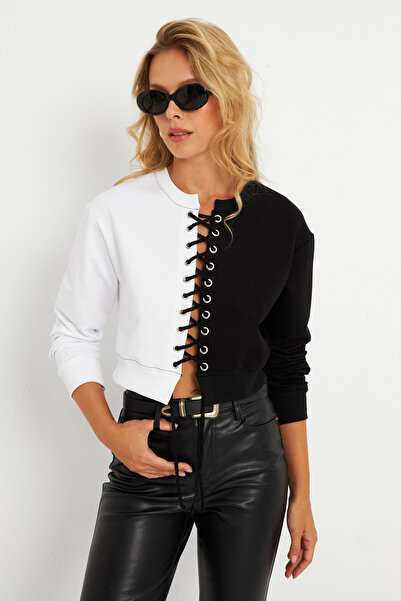 Cool & Sexy Λευκό-Μαύρο Κοντό Φούτερ - Ματιά, Γυναικείο Tf02