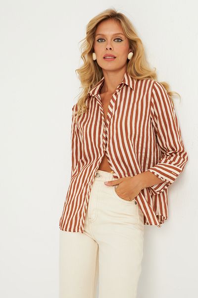 Cool & Sexy Ecru-Brown Striped Women's Shirt - Ked709
