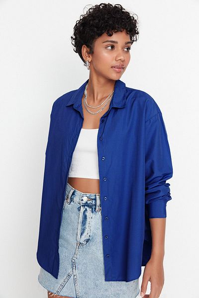 Trendyol Collection Sötétkék pamut ing - bő szabású TWOAW20GO0107