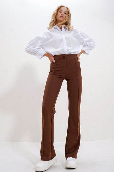 Trend Alaçatı Stili Women's Brown High Waist Front Looped Wide Leg Lycra Trousers ALC-X9979