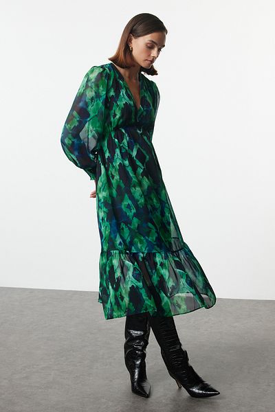 Trendyol Collection Φόρεμα μίντι σιφόν με πράσινη γραμμή - Αφηρημένο σχέδιο, Άνοιγμα μέσης TWOAW24EL00710