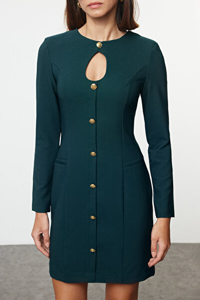 Trendyol Collection Sukienka mini Petrol z okrągłym dekoltem - prosty krój i zdobienie guzikami Twoaw24El00410