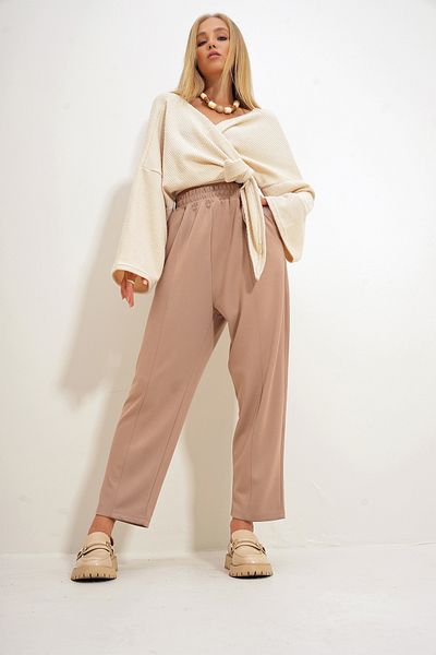 Trend Alaçatı Stili Pantaloni de damă bej - buzunare duble, gazon, talie elastică, drapaj ALC-X12560