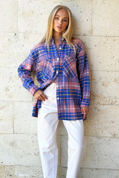 Trend Alaçatı Stili Aviator Blue Kostkovaný vzor Oversize Stamp Bavlněná dámská bunda Safari - ALC-X10704