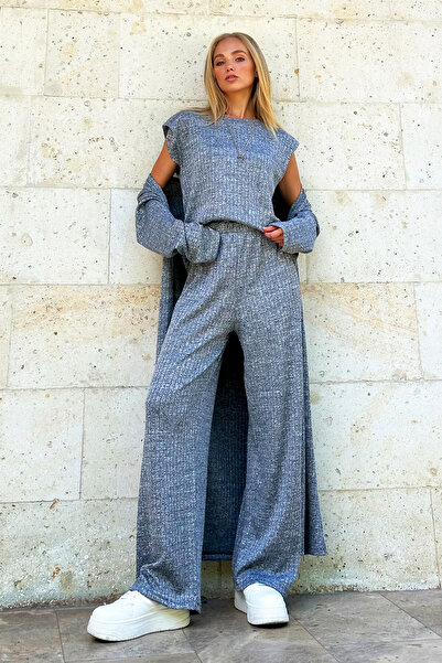 Trend Alaçatı Stili Grimelange Women's Set - SHoulder Padded Crew Neck Blouse, Trousers and Cardigan ALC-X4710