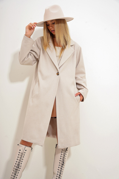 Trend Alaçatı Stili Béžový kabát s razítkem - dvojité kapsy, podšitý a zapínaný ALC-X12486