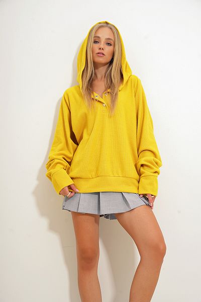 Trend Alaçatı Stili Senffarbenes Oversize-Kapuzenpullover – Druckknopfverschluss, ALC-X11146