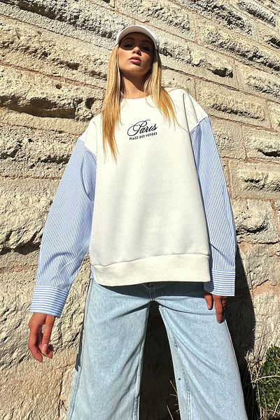 Trend Alaçatı Stili Weißes, besticktes Damen-Sweatshirt – Rundhalsausschnitt, verzierte Ärmel, 3-fädiges Raster ALC-X12566