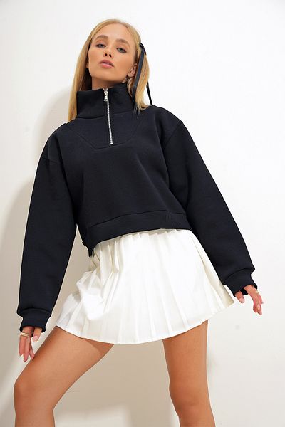 Trend Alaçatı Stili Rollkragenpullover mit Reißverschluss in Schwarz – 3 Fäden