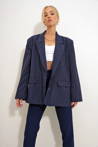 Trend Alaçatı Stili Női sötétkék csíkos blézer - bélelt, ALC-X12583